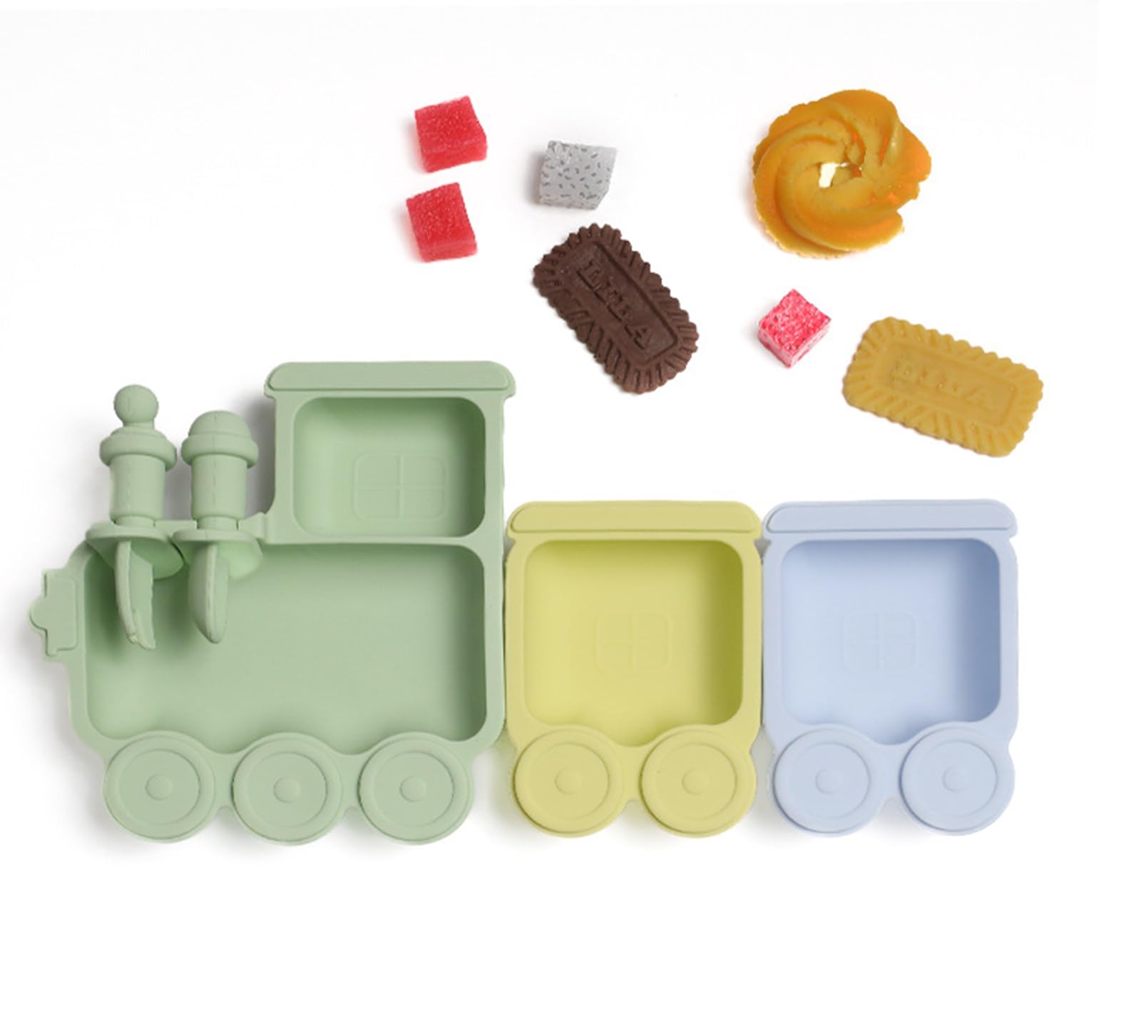 Nohlerlife baby suction plate with train design, front view, showing mess-reducing feature.