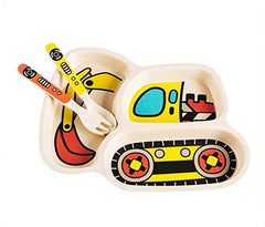 Nohlerlife kids plates with bulldozer pattern, side view highlighting bright playful design