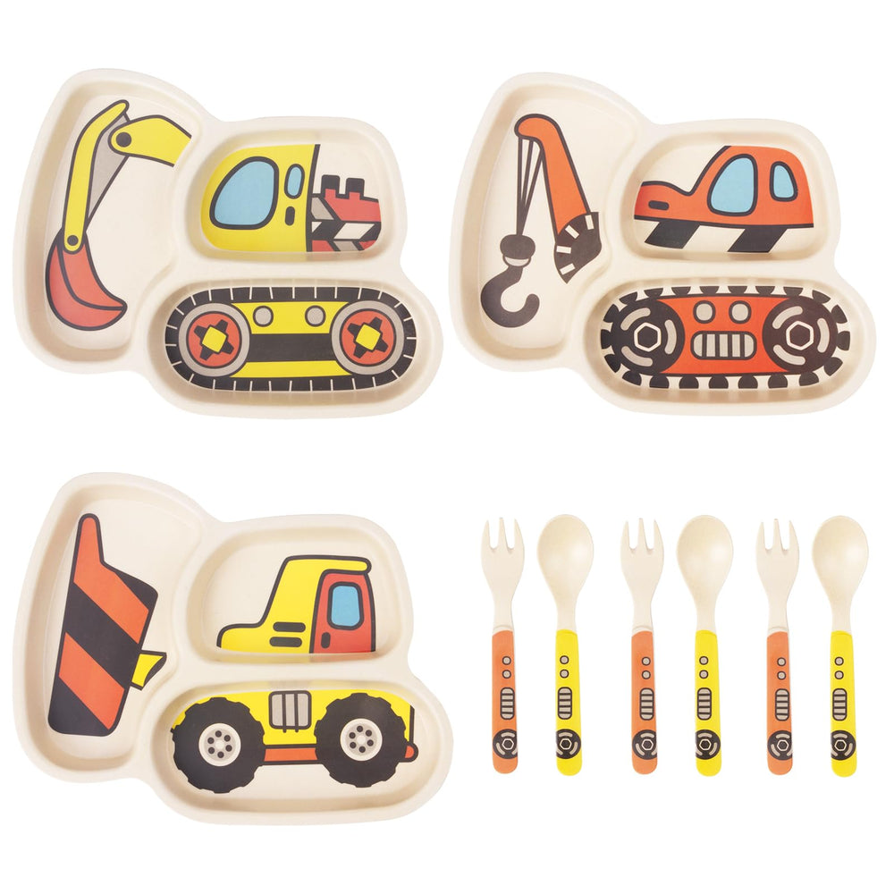 Nohlerlife kids plates with excavator pattern, front view, encouraging organized meals for toddlers