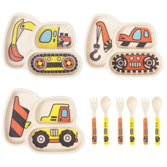 Nohlerlife kids plates with excavator pattern, front view, encouraging organized meals for toddlers