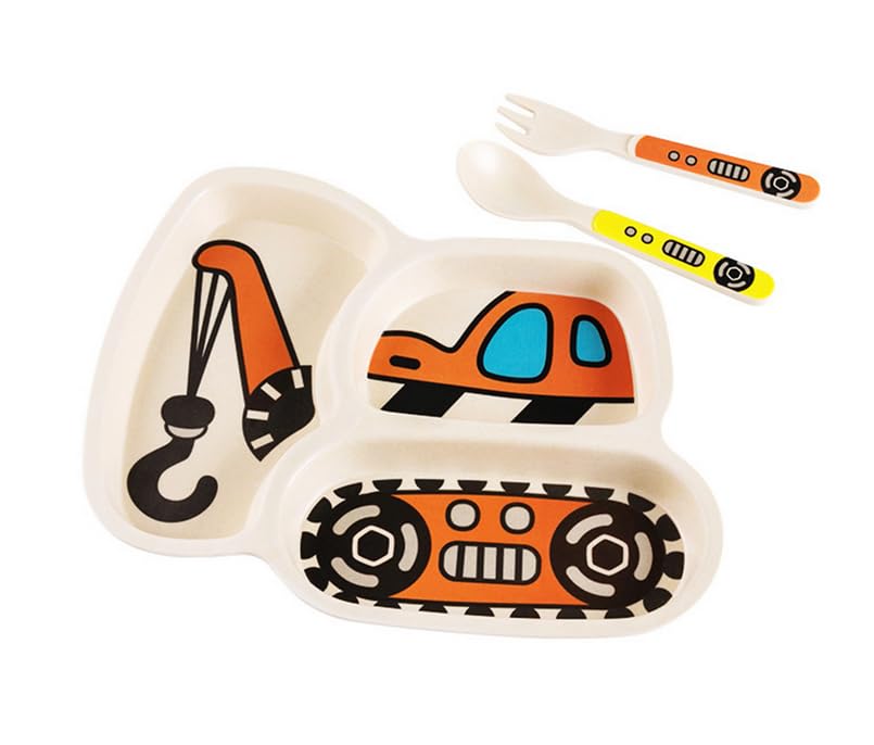 Nohlerlife kids plates with hook truck pattern, top view showing engaging layout