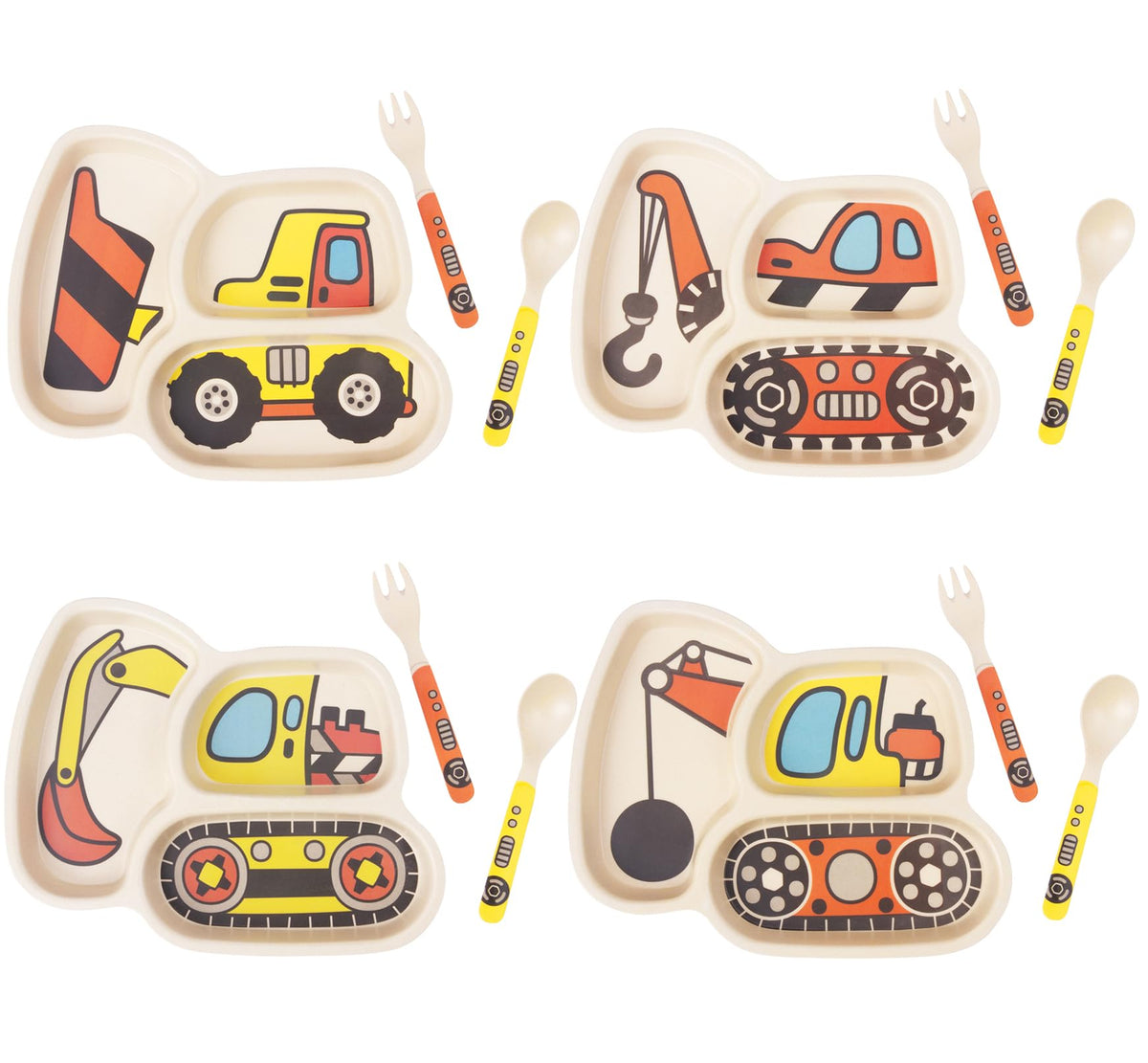 Nohlerlife kids plates with truck pattern promoting independent eating and safety.