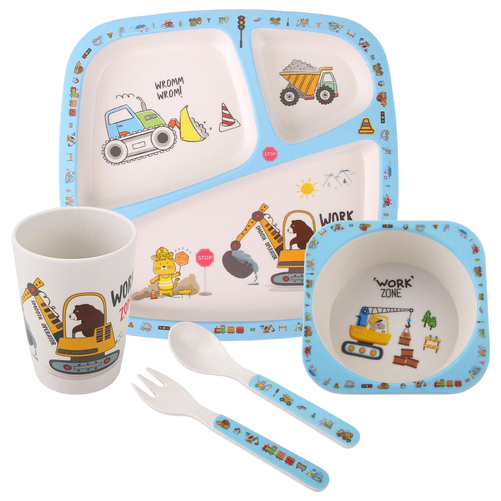 Nohlerlife kids tableware set with plate-bowl-cup-spoon-fork supports independent eating and playful construction-themed meals