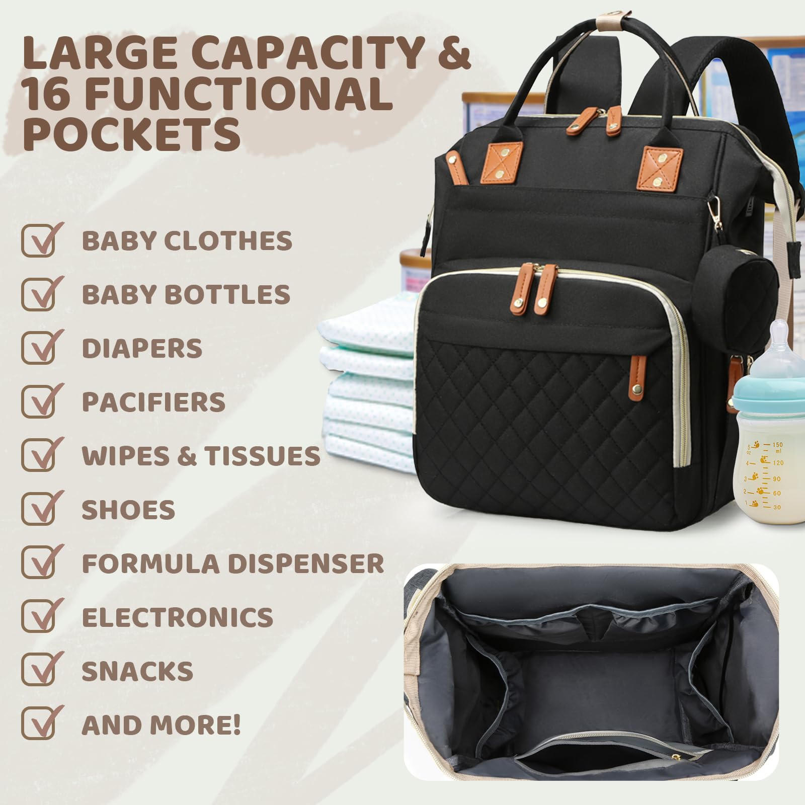 Noiclub black diaper bag backpack side pocket detail highlights quick-access storage.