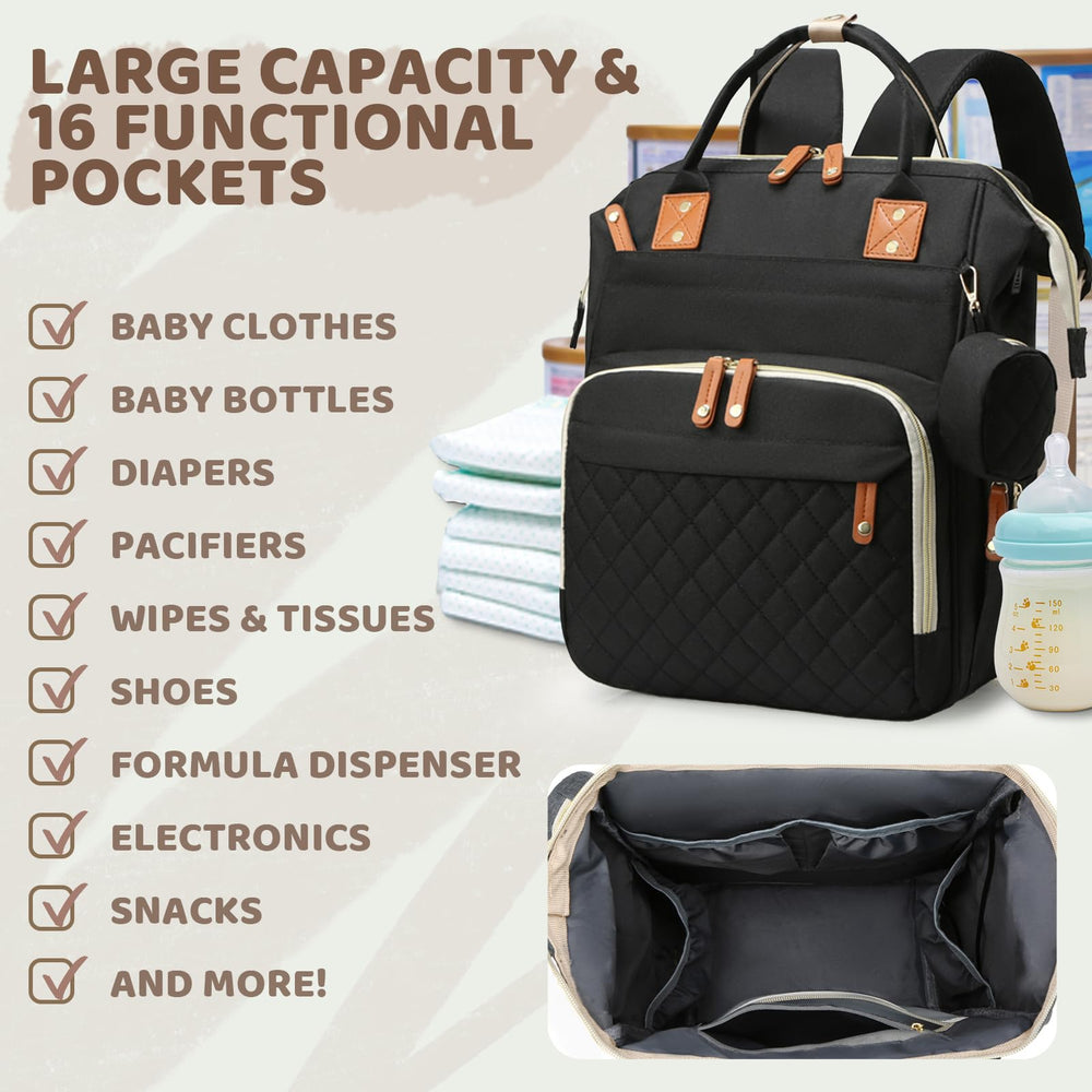 Noiclub black diaper bag backpack side pocket detail highlights quick-access storage.