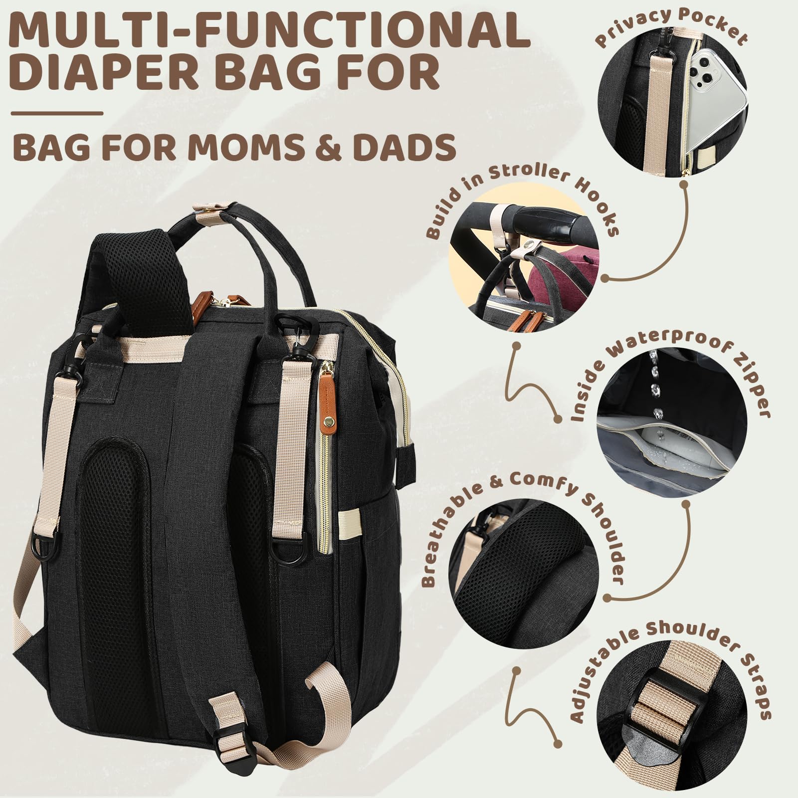 Noiclub diaper bag backpack black with stroller-strap attachment for hands-free outings.