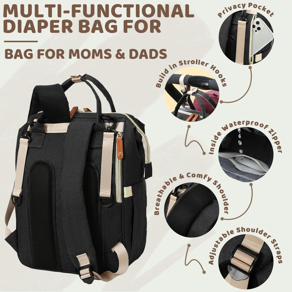Noiclub diaper bag backpack black with stroller-strap attachment for hands-free outings.