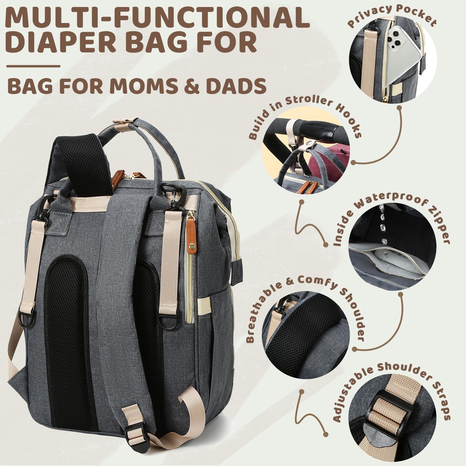 Noiclub diaper bag inner compartments keep gear organized.