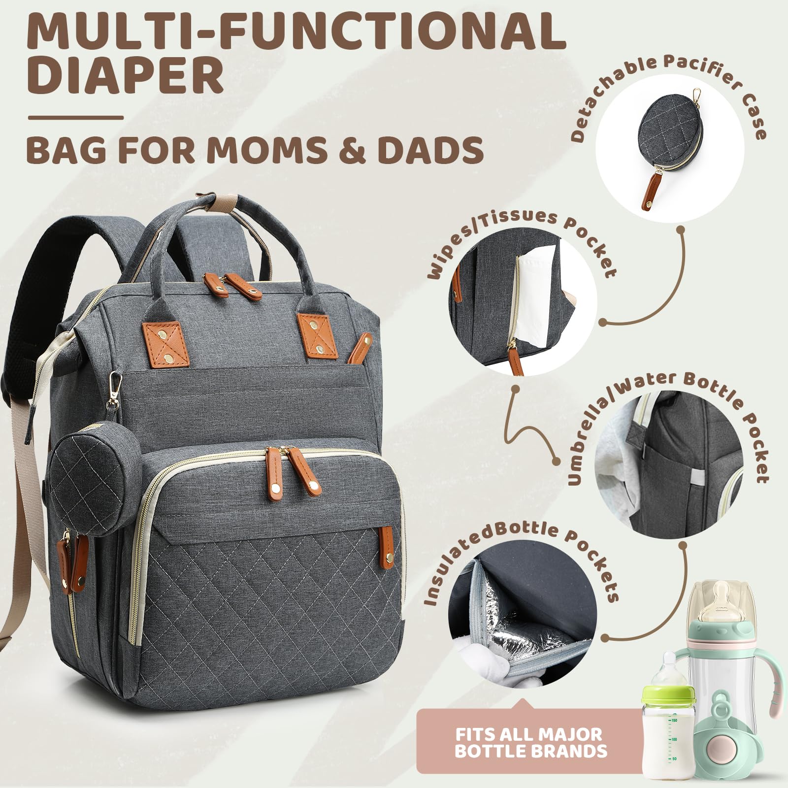 Noiclub diaper bag with stroller straps for hands-free outings.