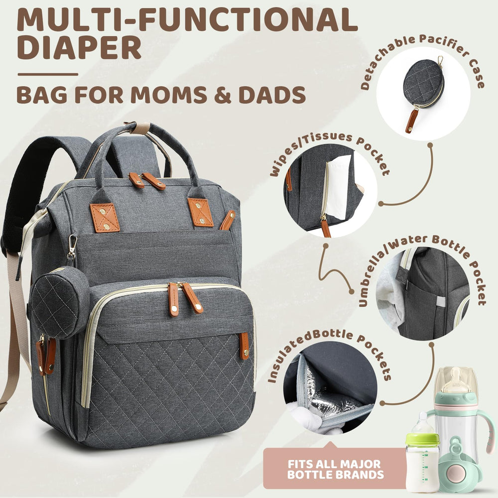 Noiclub diaper bag with stroller straps for hands-free outings.