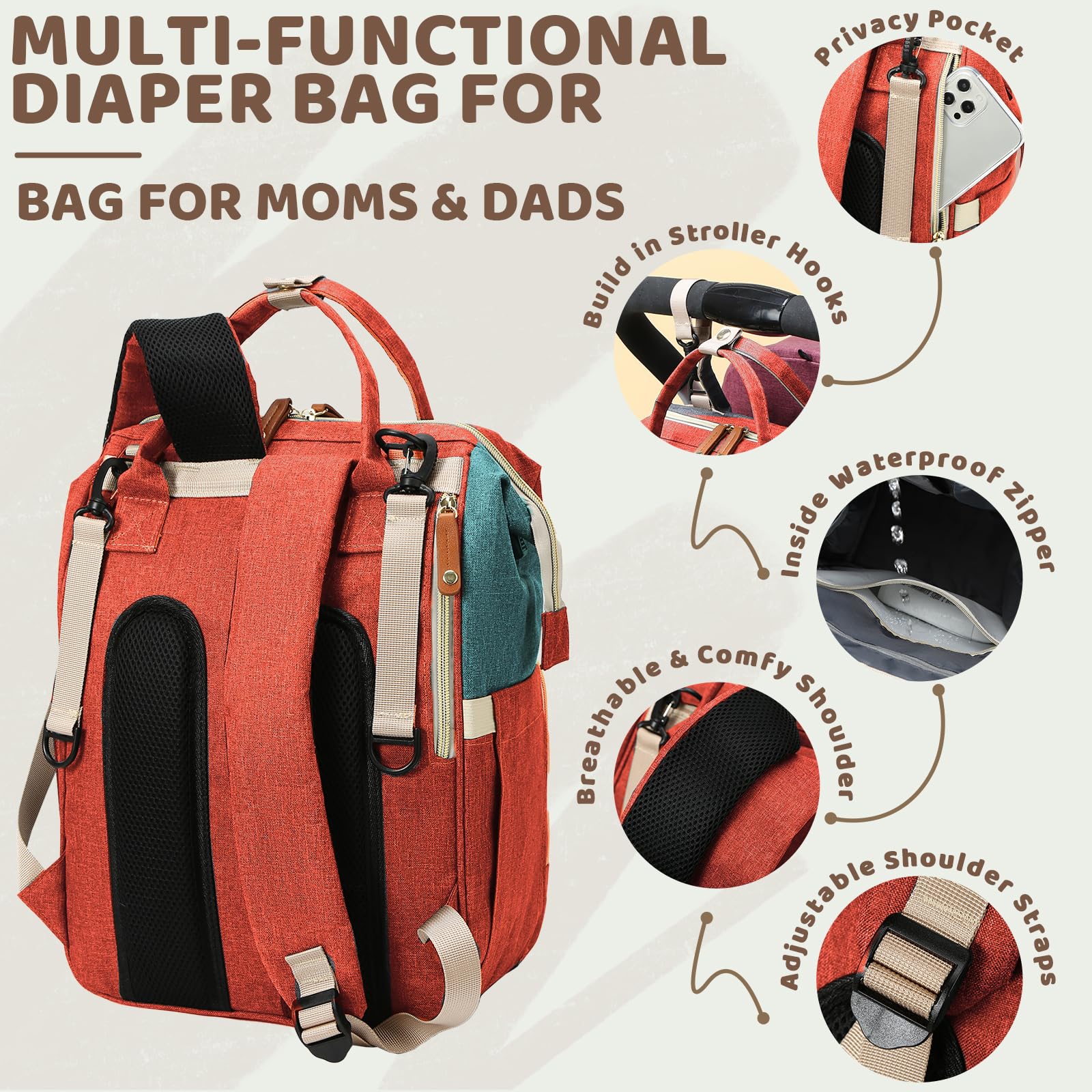 Noiclub diaper bag padded shoulder straps for comfortable all day wear