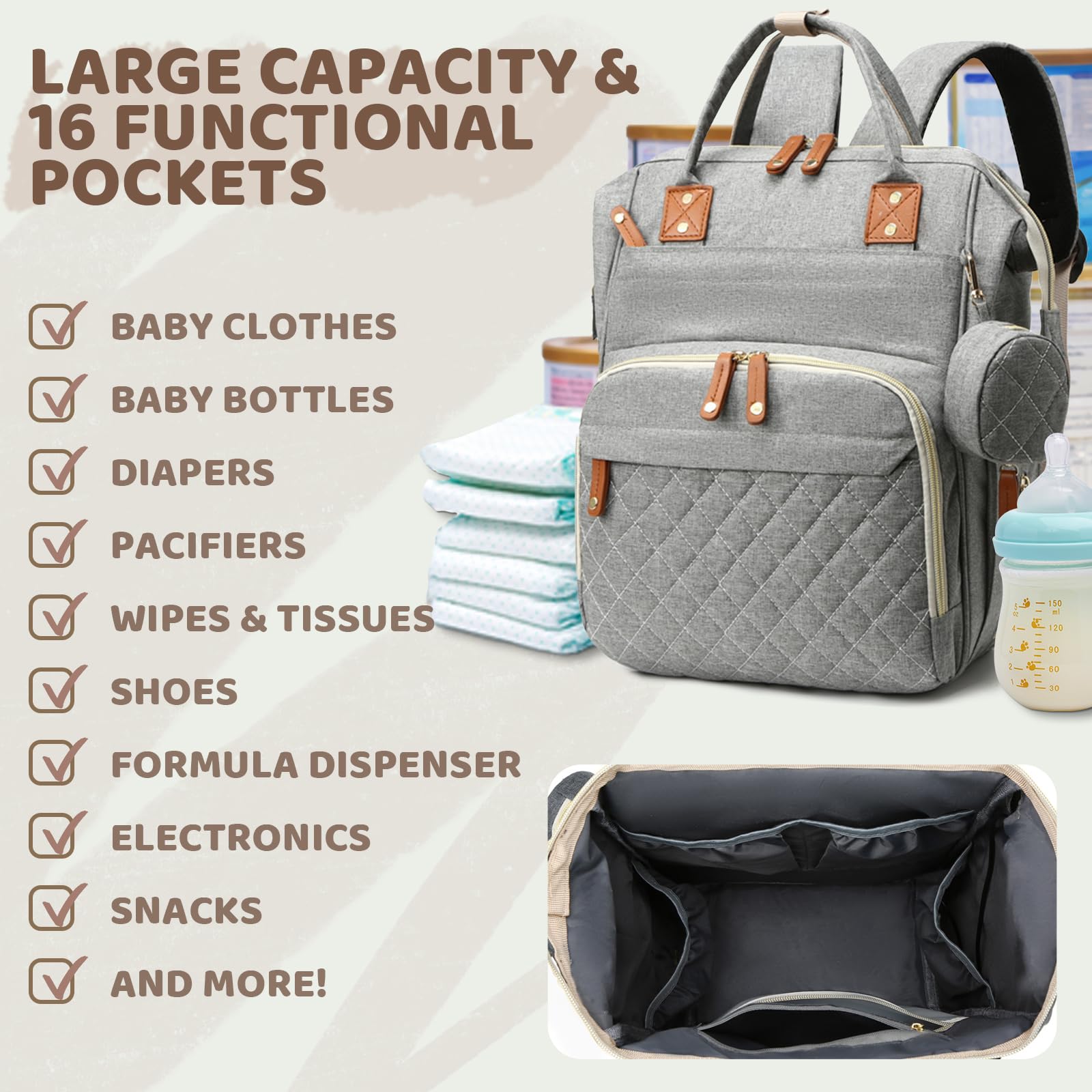 Noiclub gray diaper bag backpack back view emphasizes comfortable padded straps for long wear.