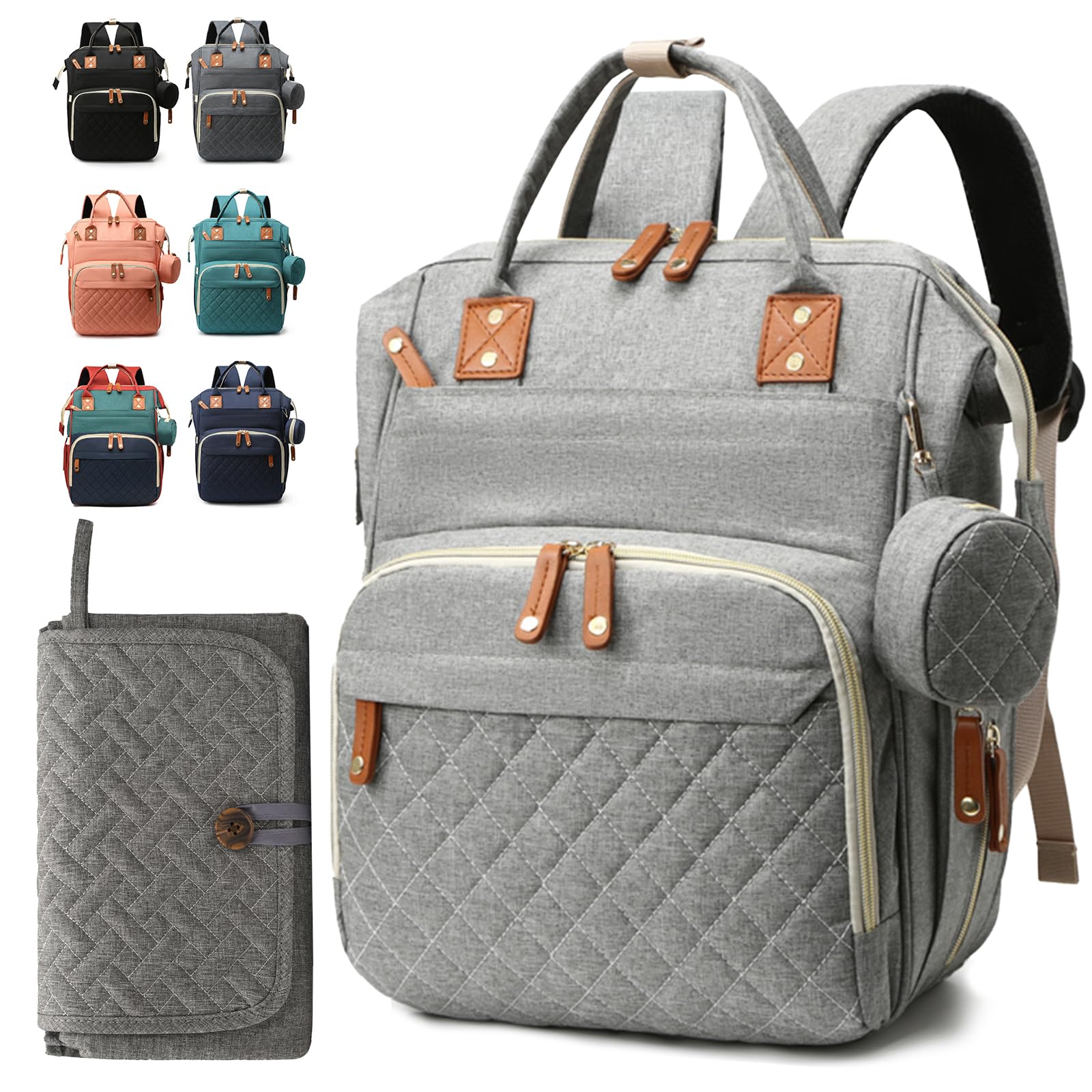 Noiclub gray diaper bag backpack front view showing ample storage for bottles and diapers.