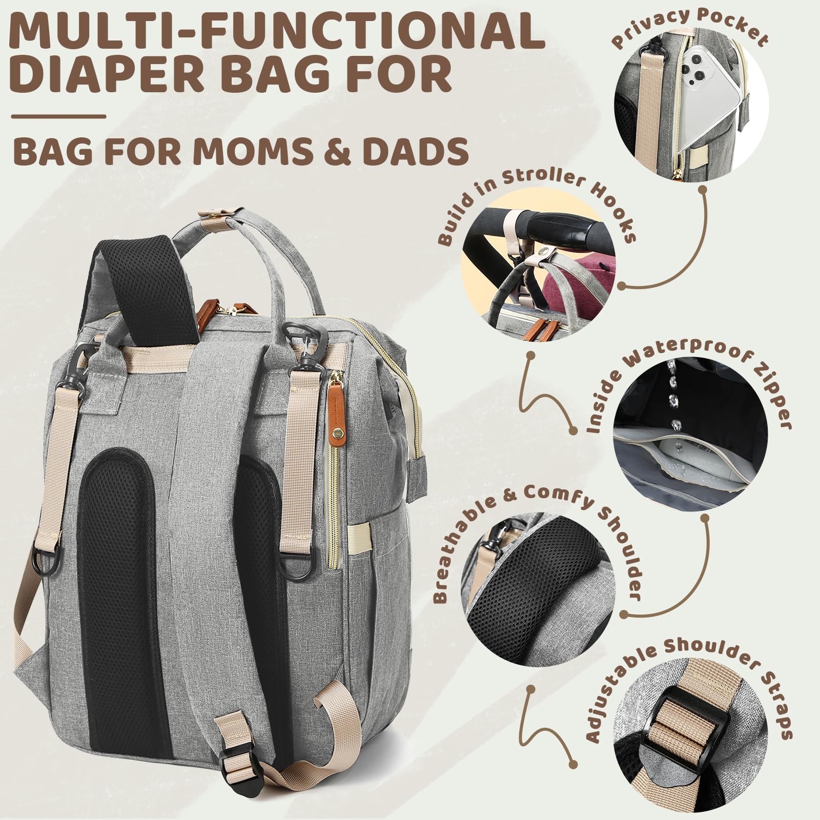 Noiclub gray diaper bag backpack with stroller hooks supports hands-free outings.