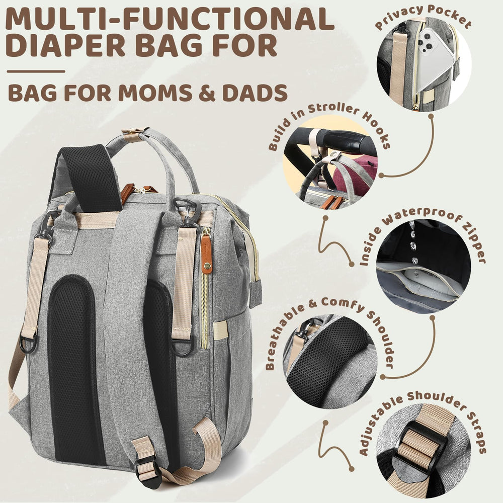 Noiclub gray diaper bag backpack with stroller hooks supports hands-free outings.