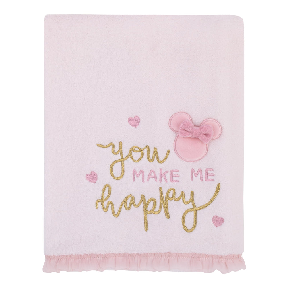 NoJo gold metallic You Make Me Happy blanket adds playful sparkle for sweet moments.