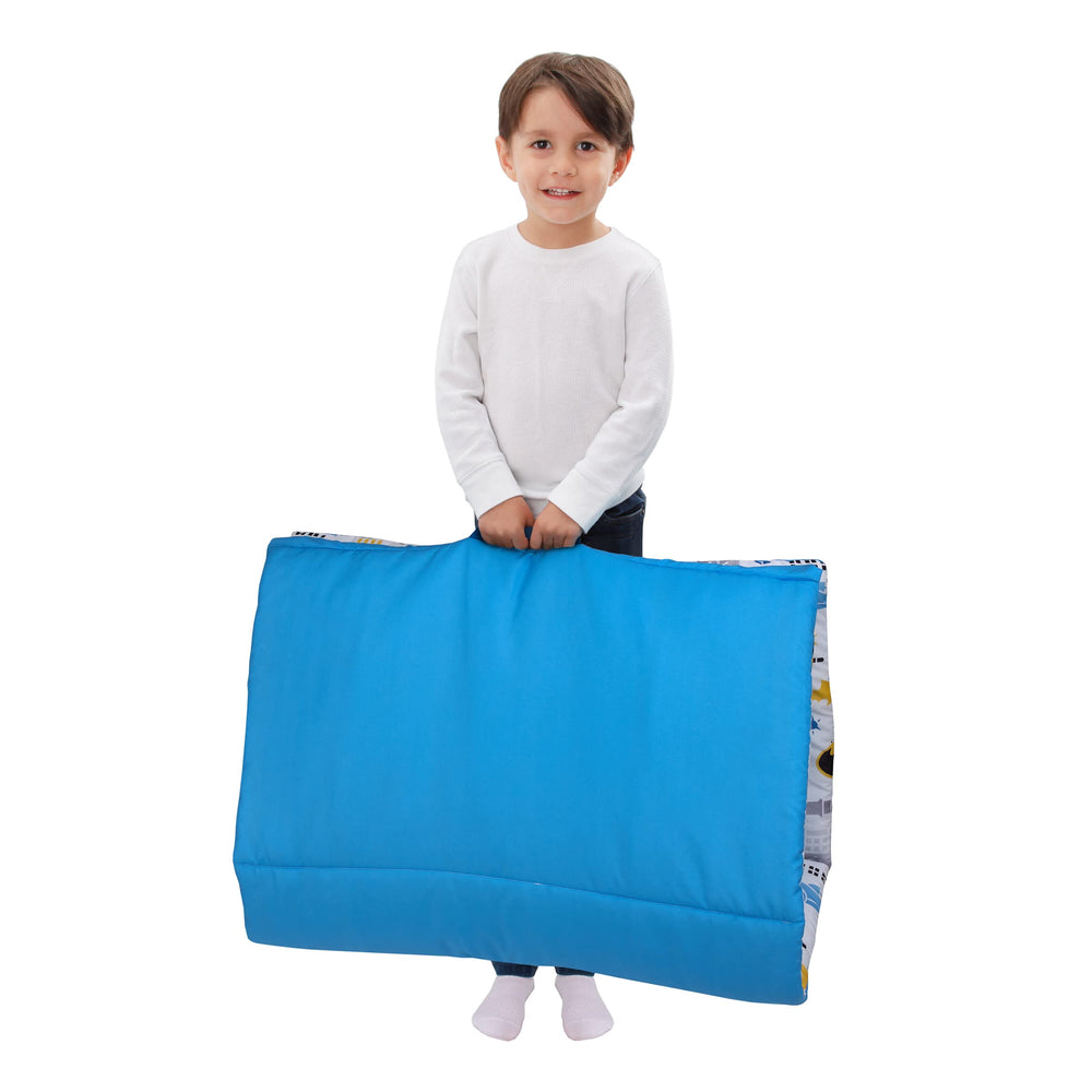 NoJo Batman nap mat attached pillowcase fits a standard pillow.