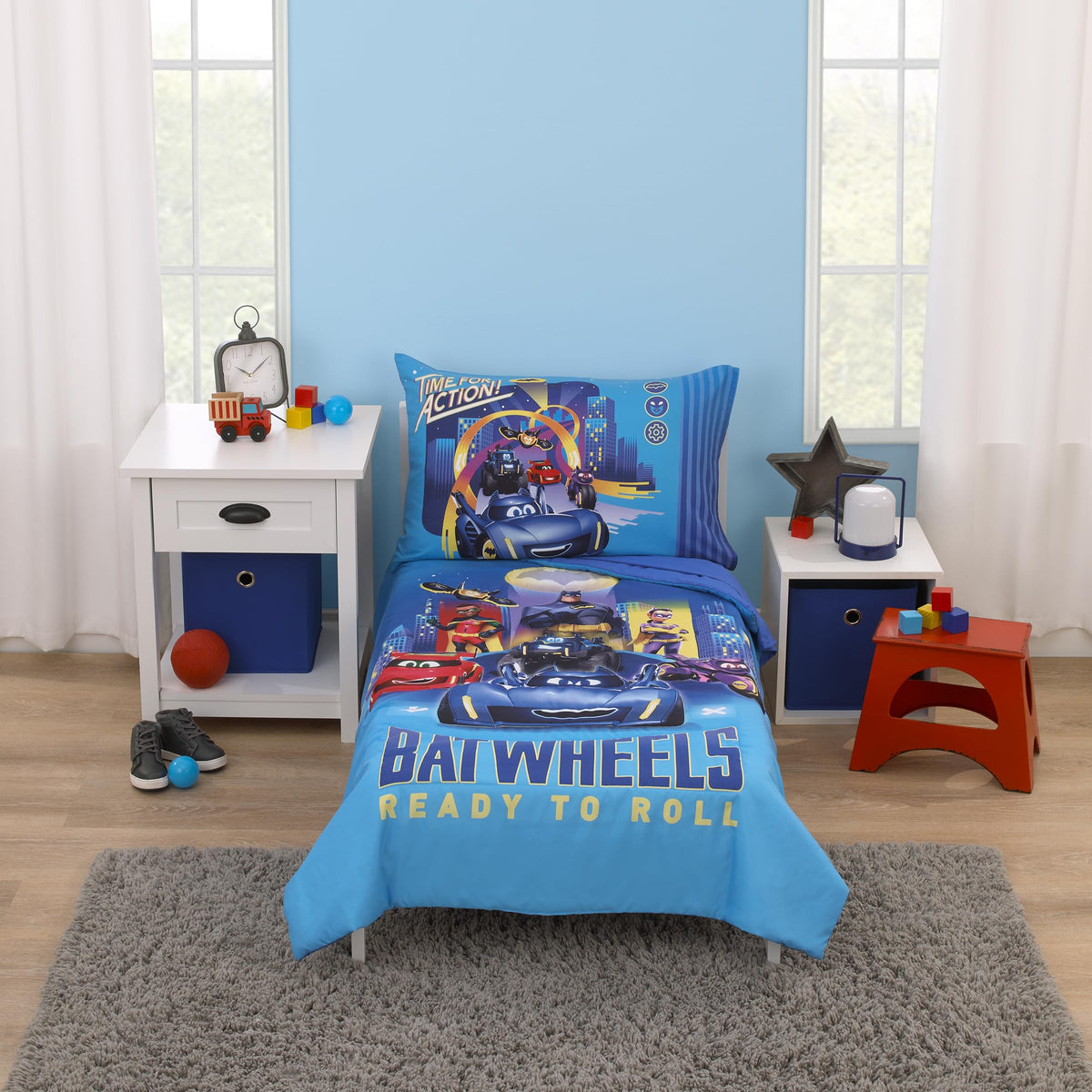 NoJo Batwheels bedset comforter closeup in blue and yellow for cozy playtime bedtime