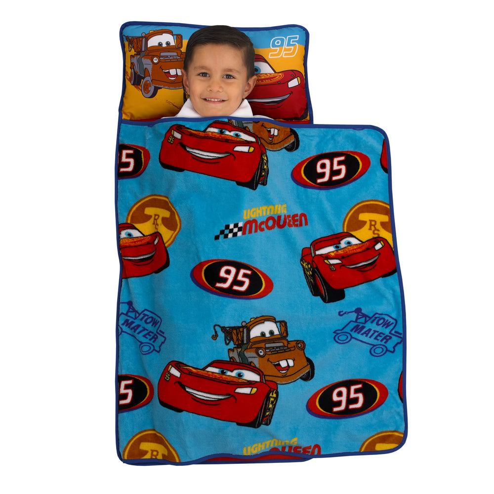 NoJo Disney Cars nap mat with attached pillow provides soft head support.