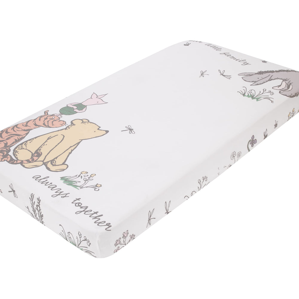 NoJo Disney Classic Pooh front view crib sheet in ivory and taupe for photo moments.