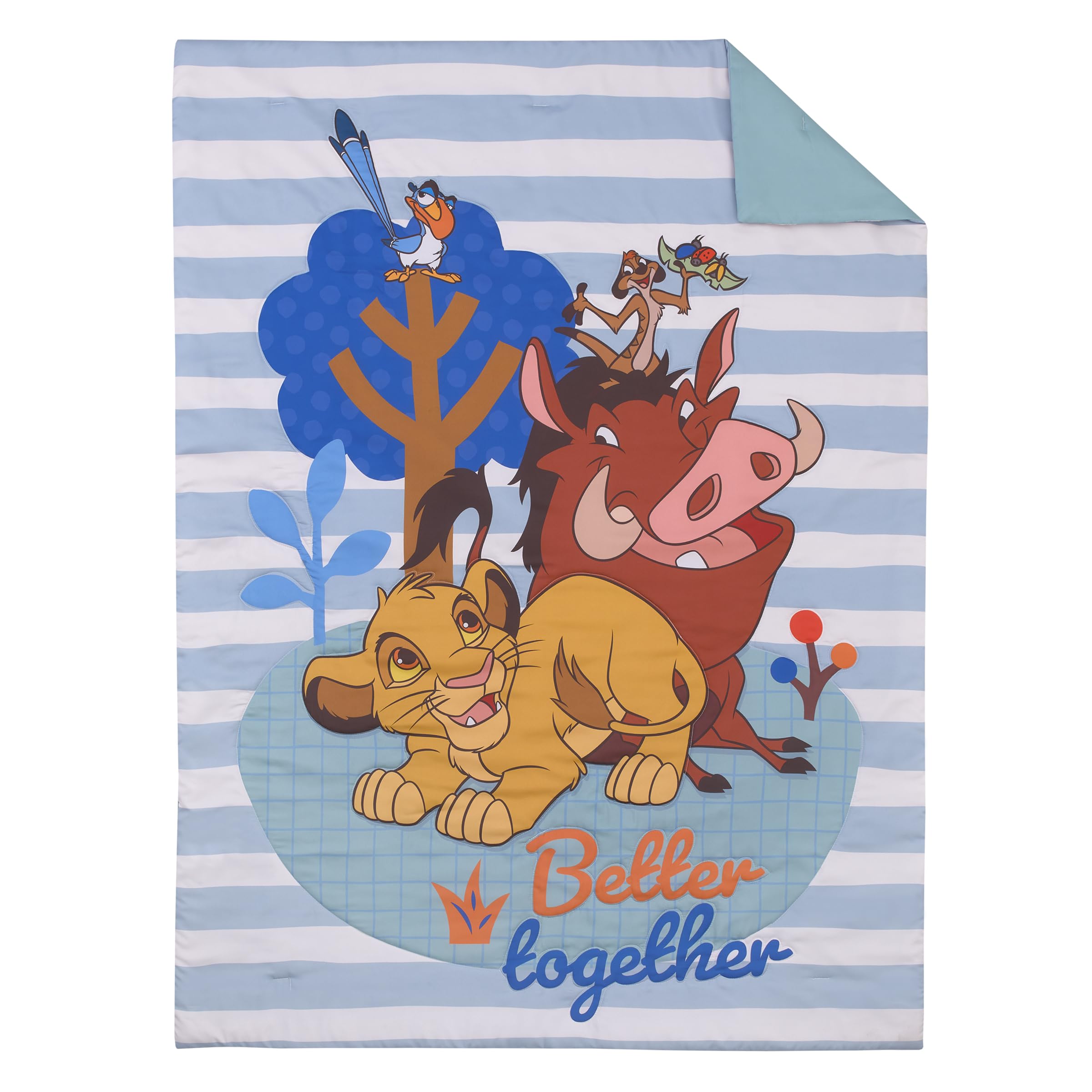 NoJo Lion King bedset comforter color palette highlights blue, brown, tan, and orange.