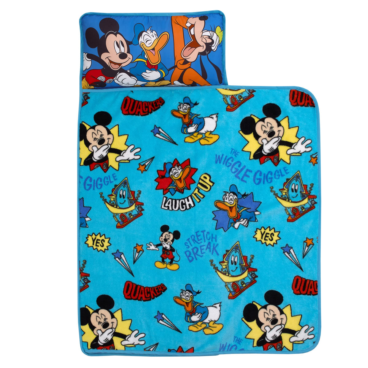 NoJo Disney Mickey Funhouse nap mat folds for easy travel and storage.