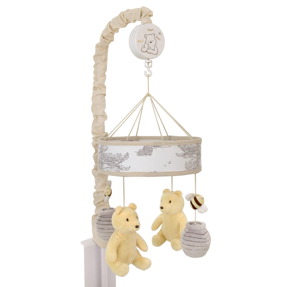 NoJo Pooh Hunny Fun mobile with taupe ring soothing baby with gentle rotation.