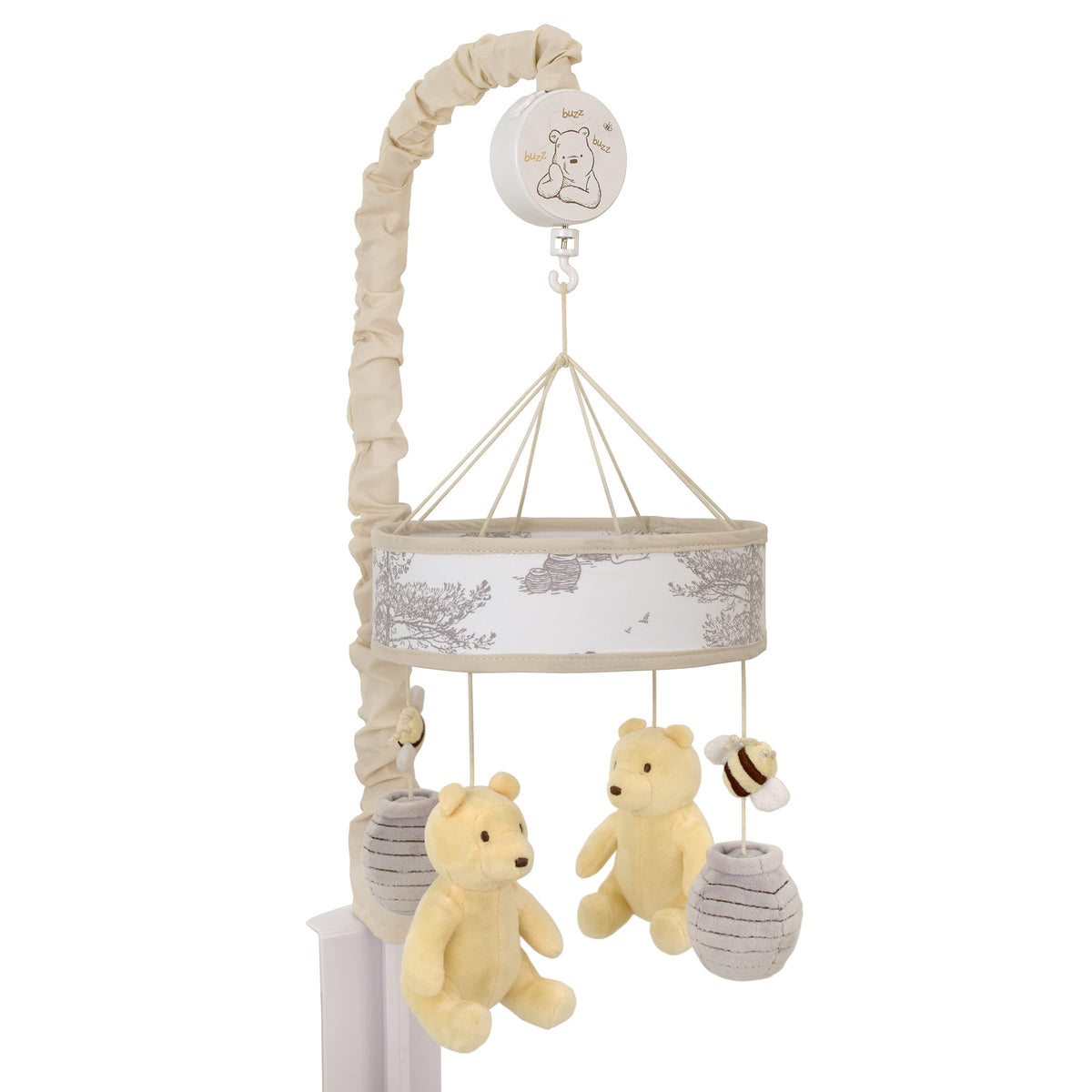 NoJo Pooh Hunny Fun mobile with taupe ring soothing baby with gentle rotation.