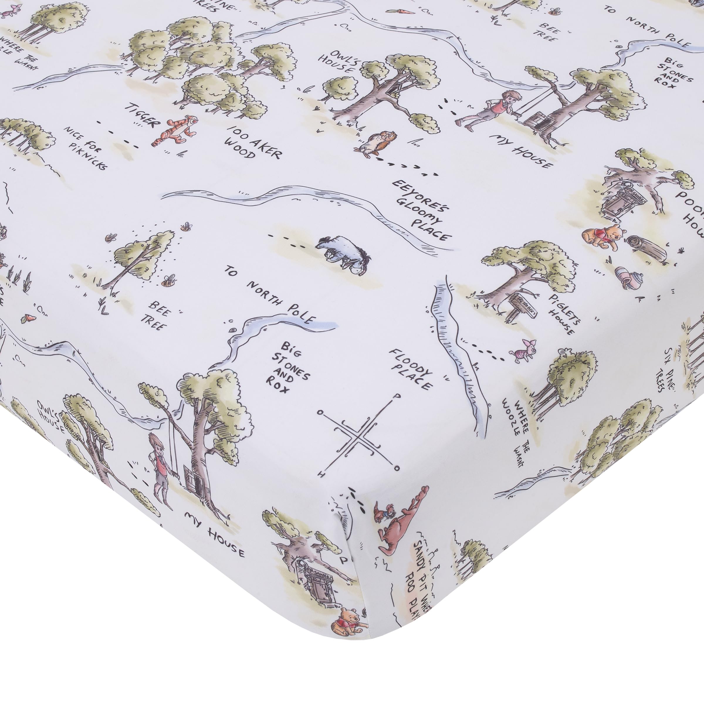 NoJo Disney Winnie the Pooh map crib sheet close-up shows 100 Acre Wood design for cozy nights