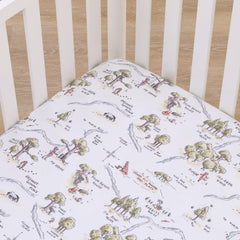 NoJo Winnie the Pooh map crib sheet on a standard crib demonstrates a snug elastic fit