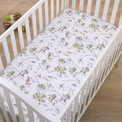 NoJo Pooh map crib sheet on toddler bed highlights versatile, soft fabric for growing use