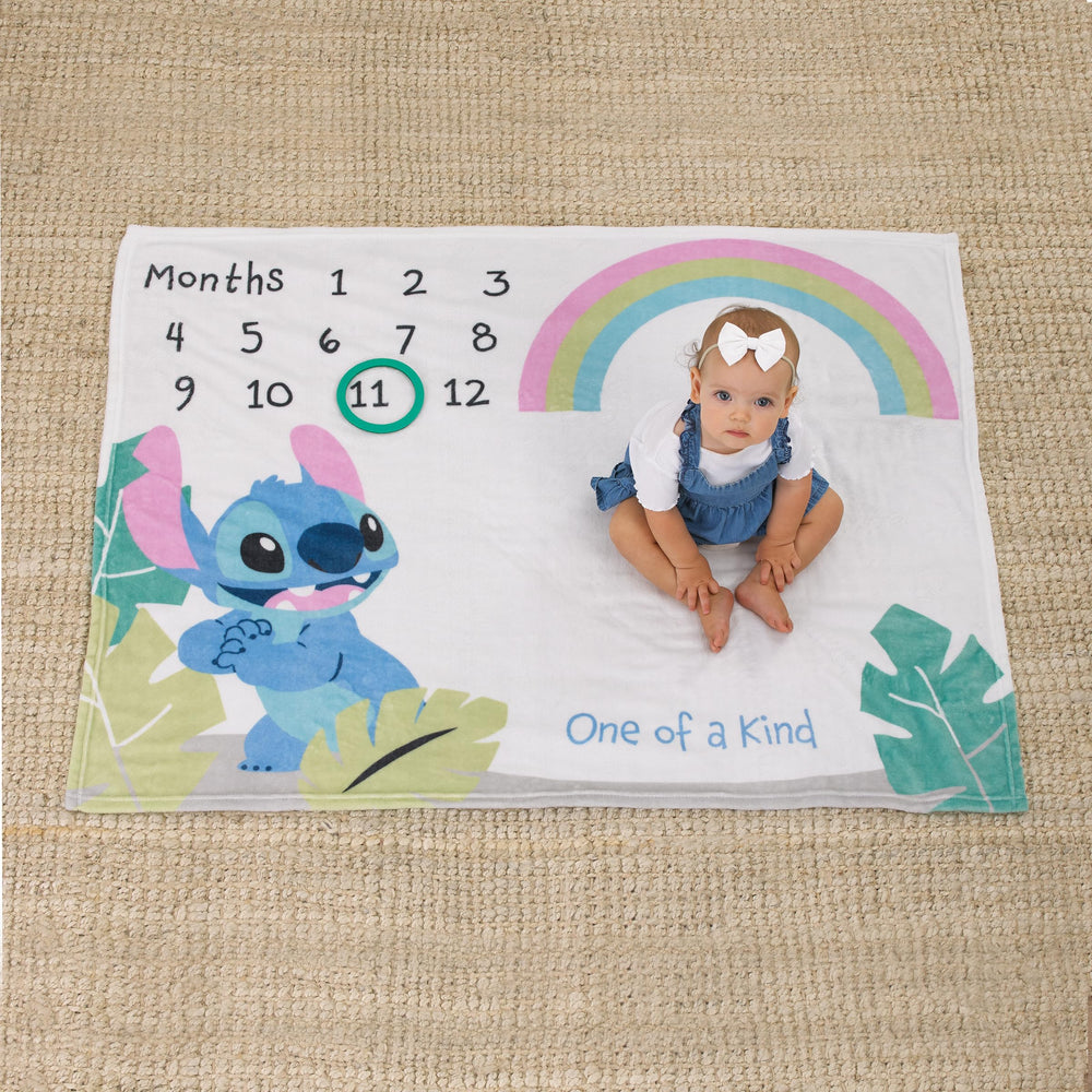 NoJo Disney Stitch milestone blanket showcases lime pink and white hues ideal for keepsake photos