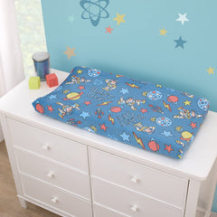 NoJo Buzz Lightyear hero pattern shows fit on standard contoured changing pad