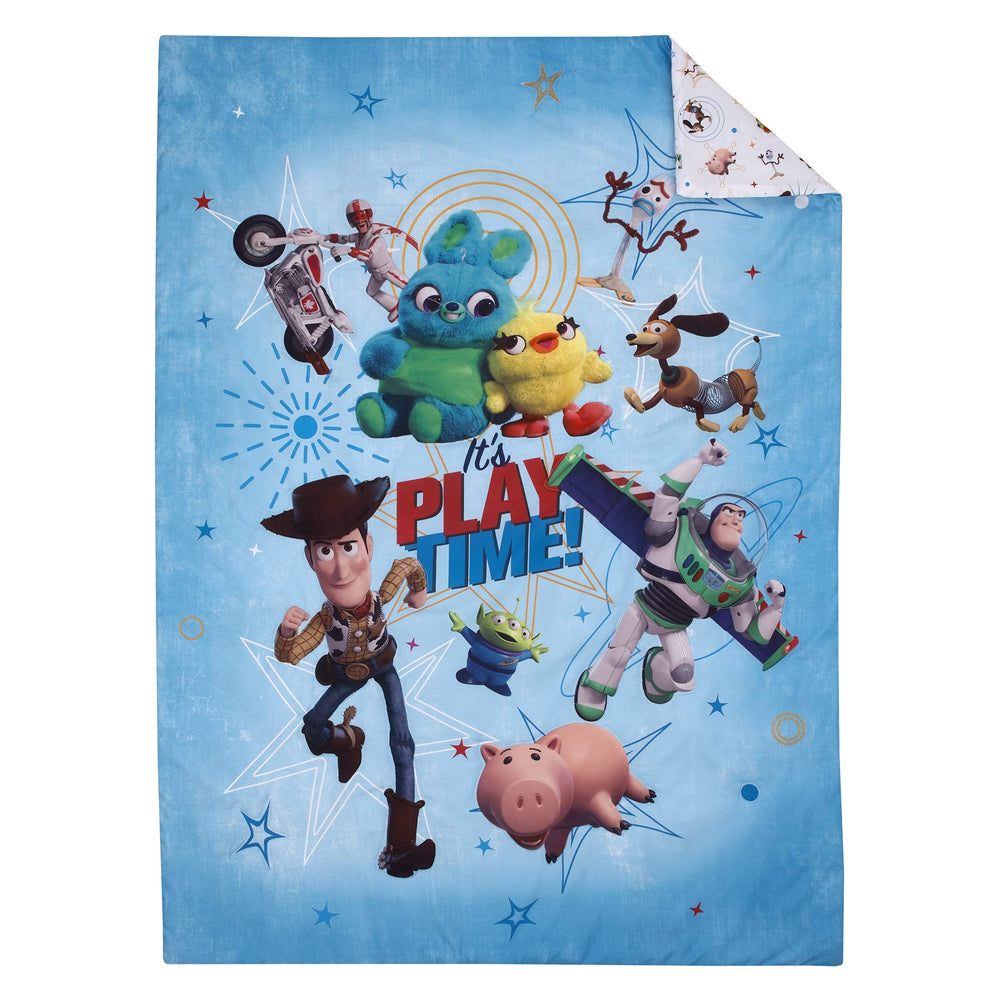 NoJo Toy Story Its Play Time fitted bottom sheet with character pattern fits toddler mattresses.