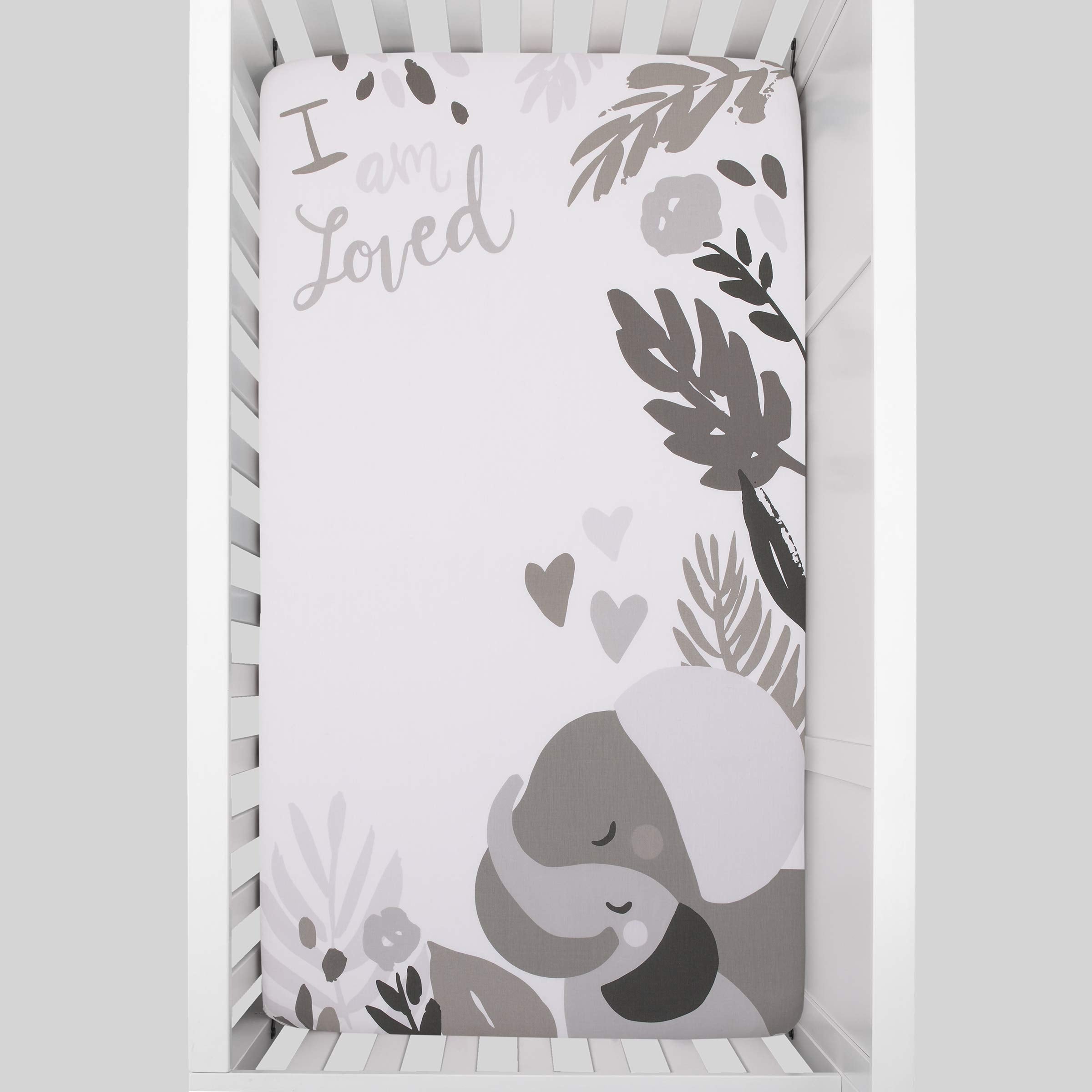 NoJo Elephant Hugs fitted crib sheet fits standard crib mattresses snugly with elastic.
