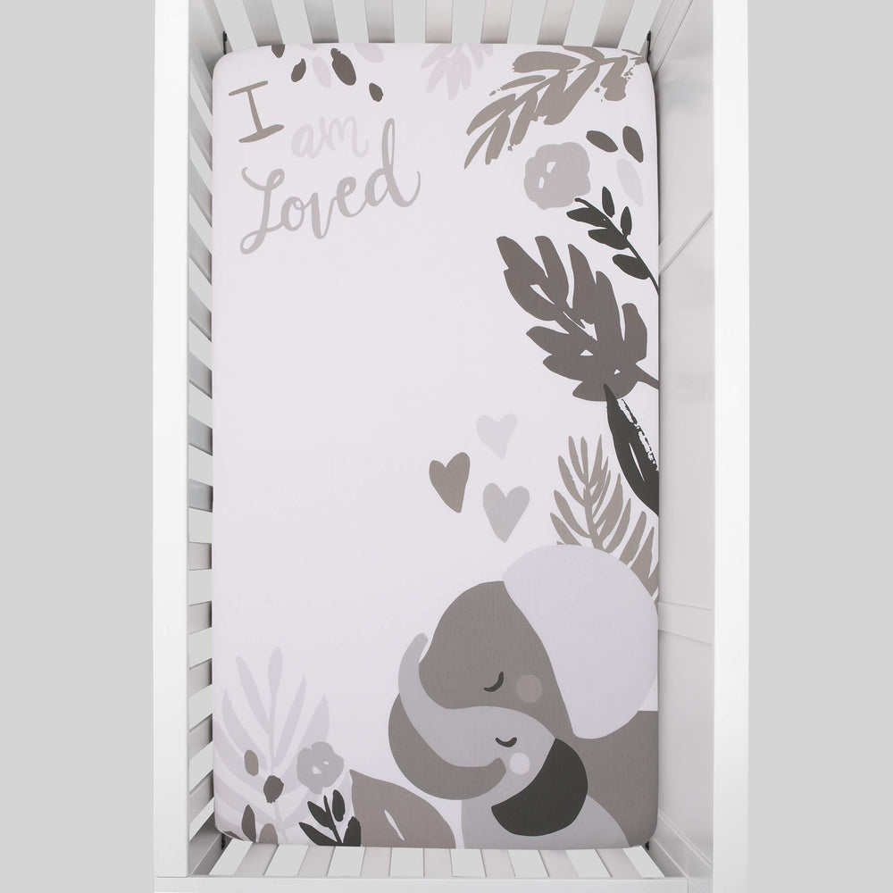 NoJo Elephant Hugs fitted crib sheet fits standard crib mattresses snugly with elastic.