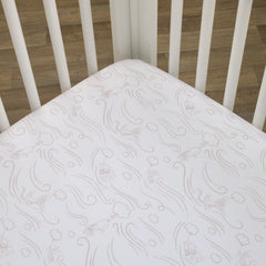 NoJo Pooh cloud pattern crib sheet closeup in grey and white tones