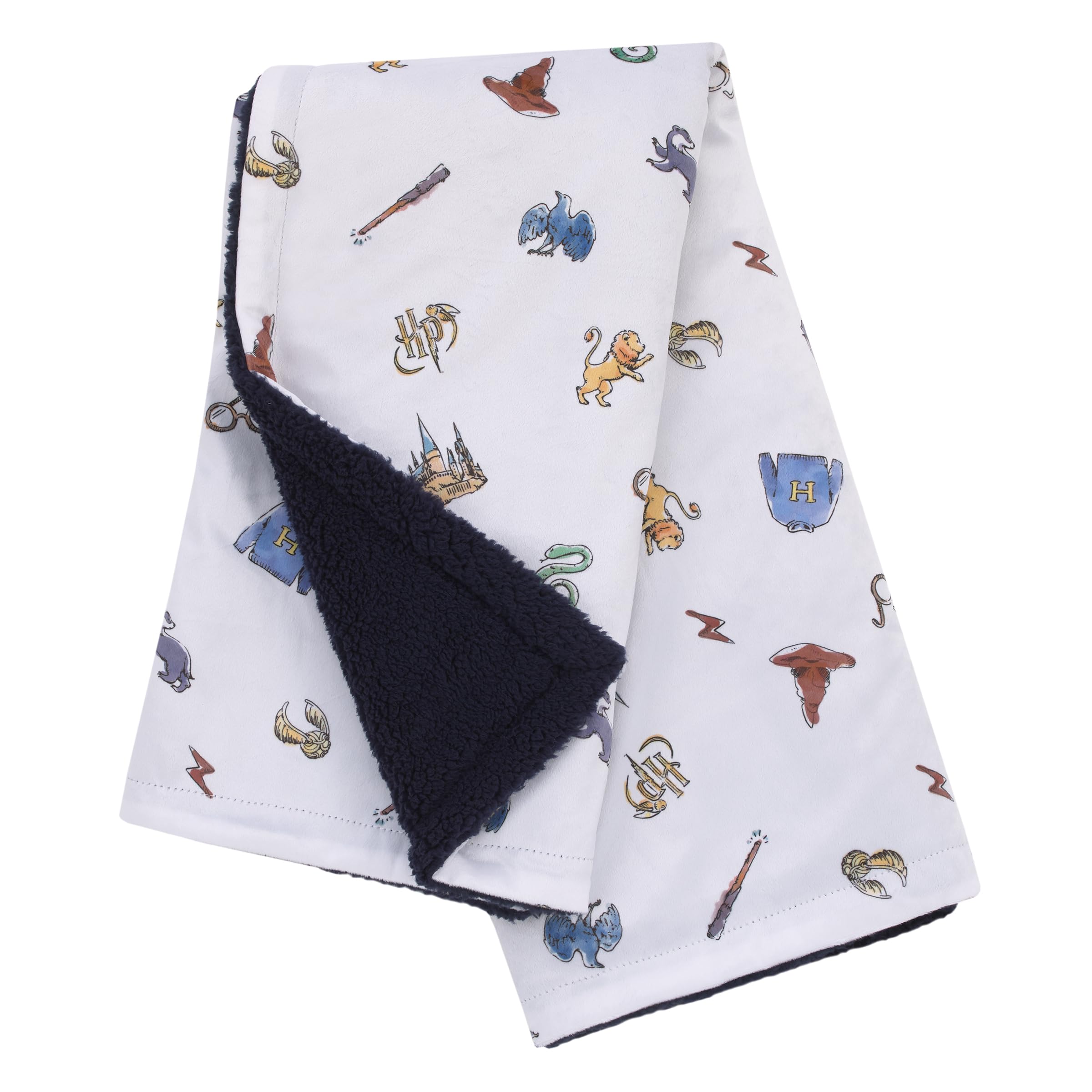 NoJo Harry Potter Welcome Little Wizard blanket back in navy sherpa for plush warmth