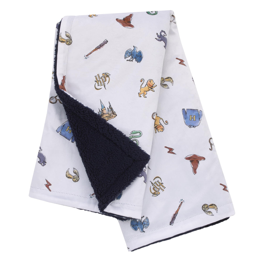 NoJo Harry Potter Welcome Little Wizard blanket back in navy sherpa for plush warmth