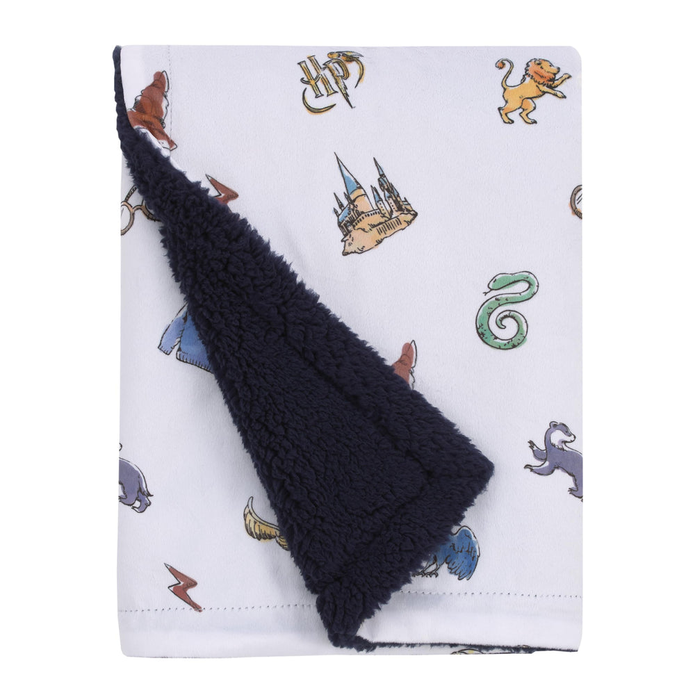 NoJo Harry Potter Welcome Little Wizard blanket front view with wizarding icons for cozy snuggles