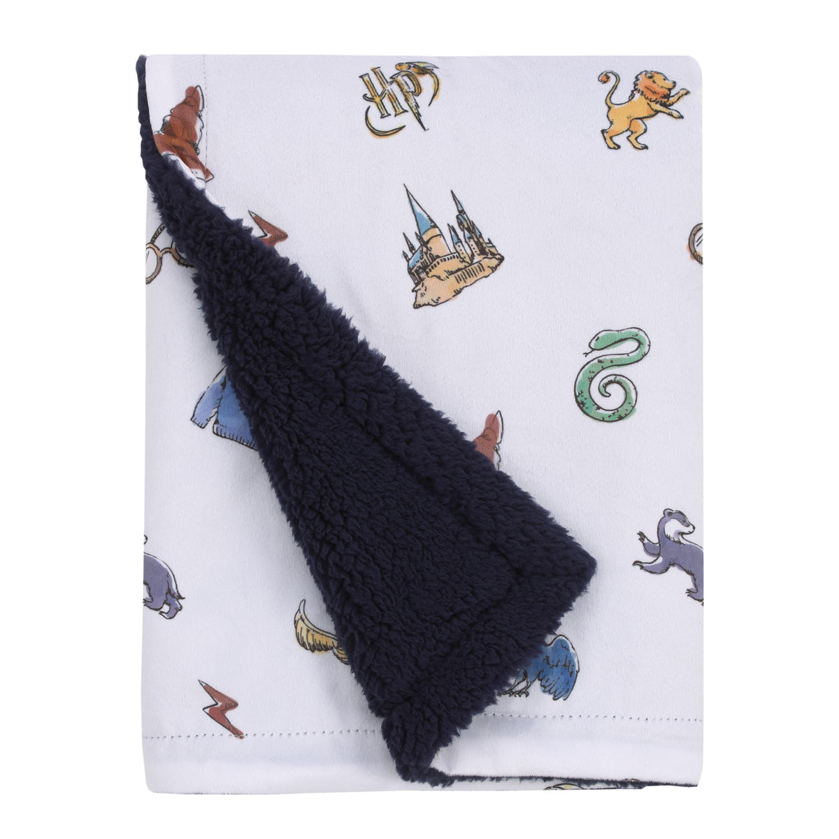 NoJo Harry Potter Welcome Little Wizard blanket front view with wizarding icons for cozy snuggles
