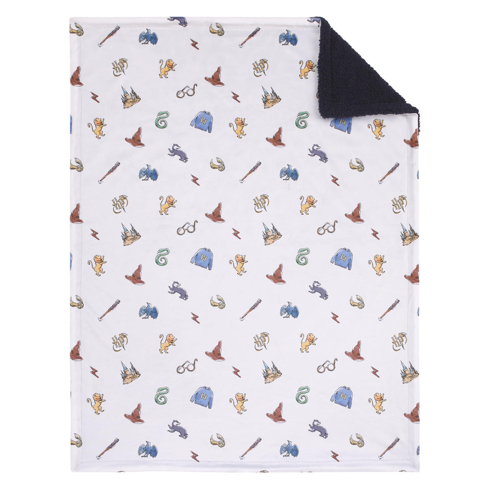 NoJo Harry Potter blanket features wand and Sorting Hat icons for magical moments