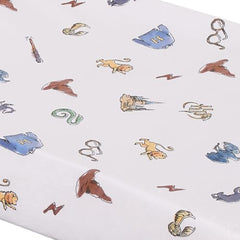 NoJo Harry Potter Welcome Little Wizard pattern closeup highlights wizarding icons for playful nursery styling.