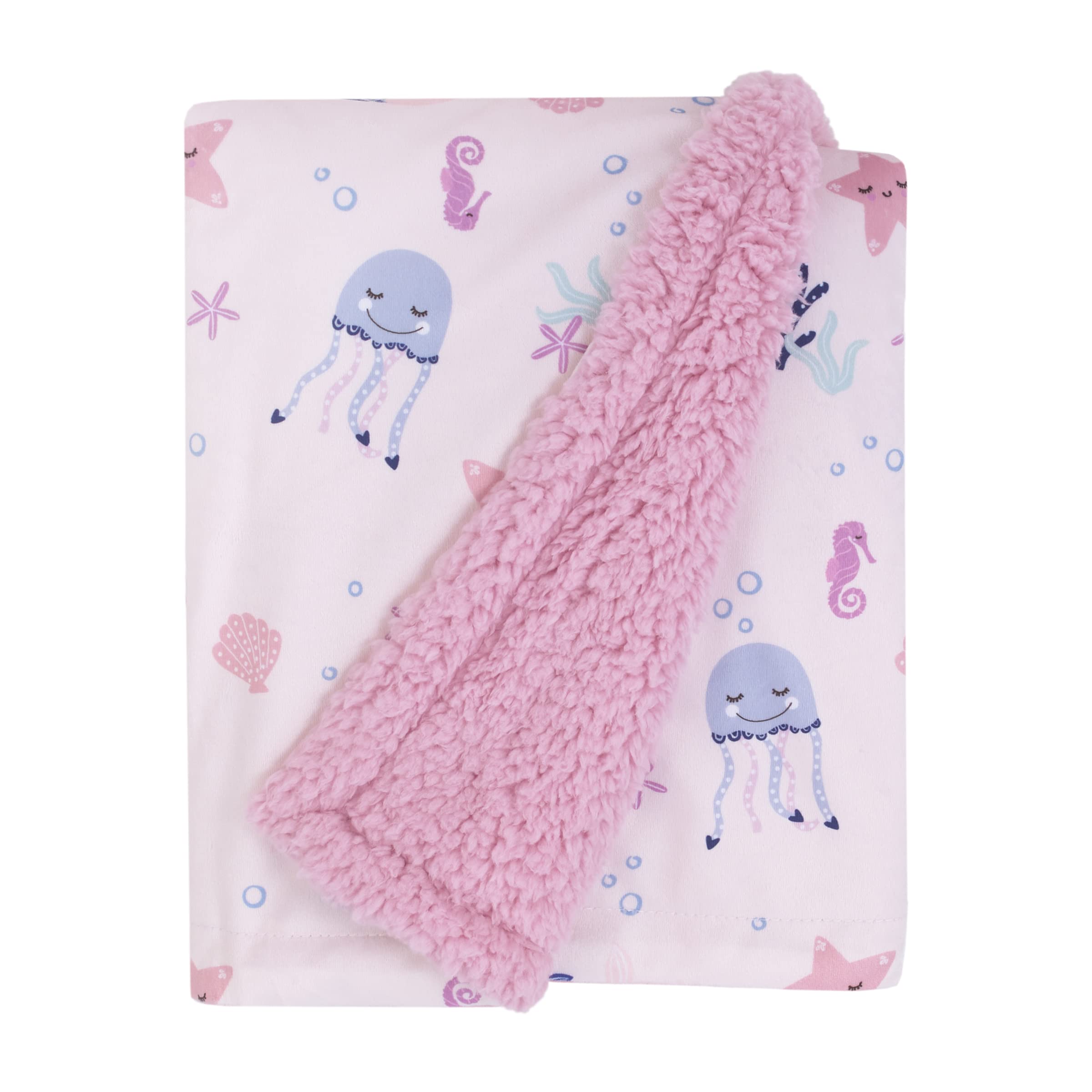 NoJo Mermaid Lagoon pattern with pink and blue sea friends for baby comfort.