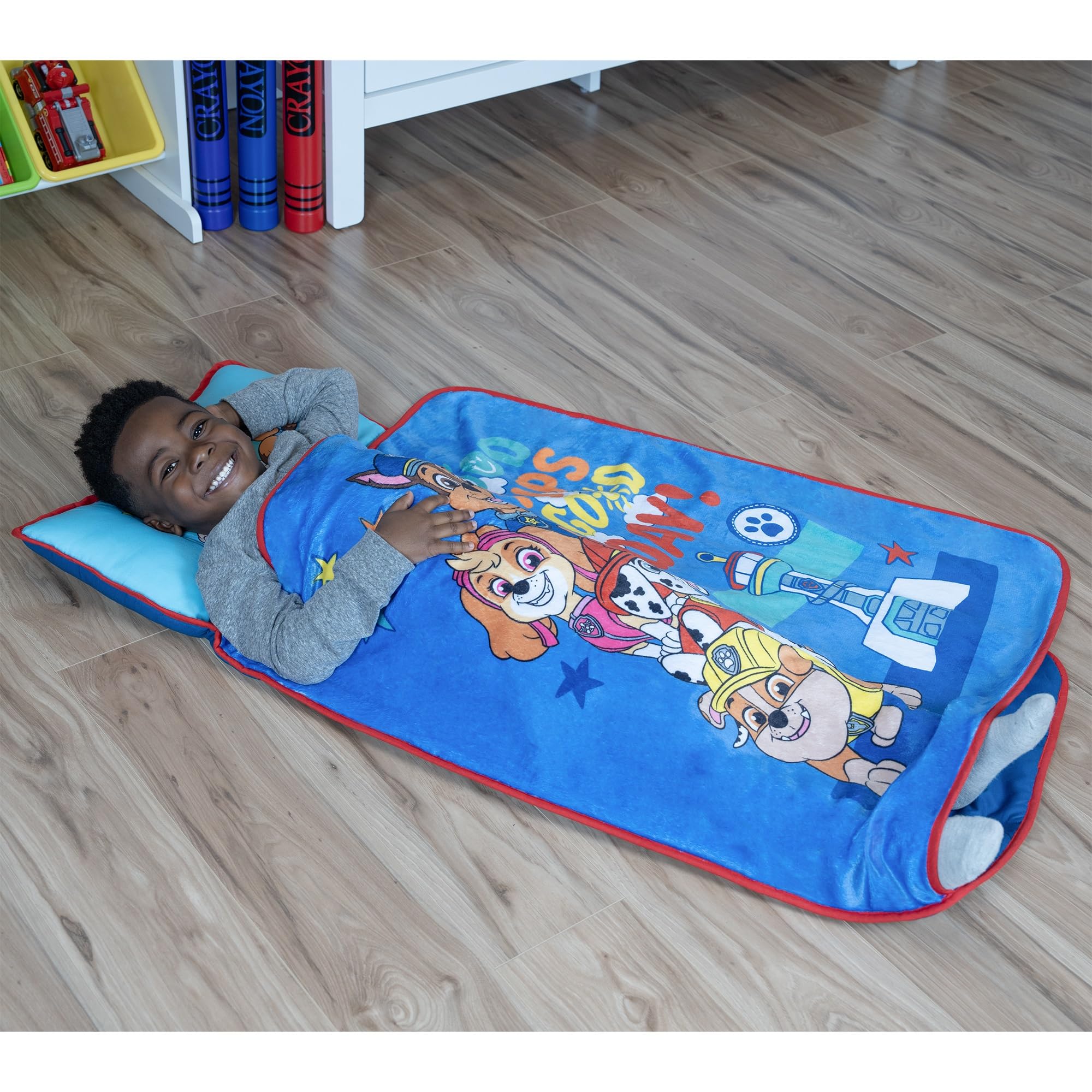 NoJo Paw Patrol nap mat with Velcro closure for easy roll-and-go.