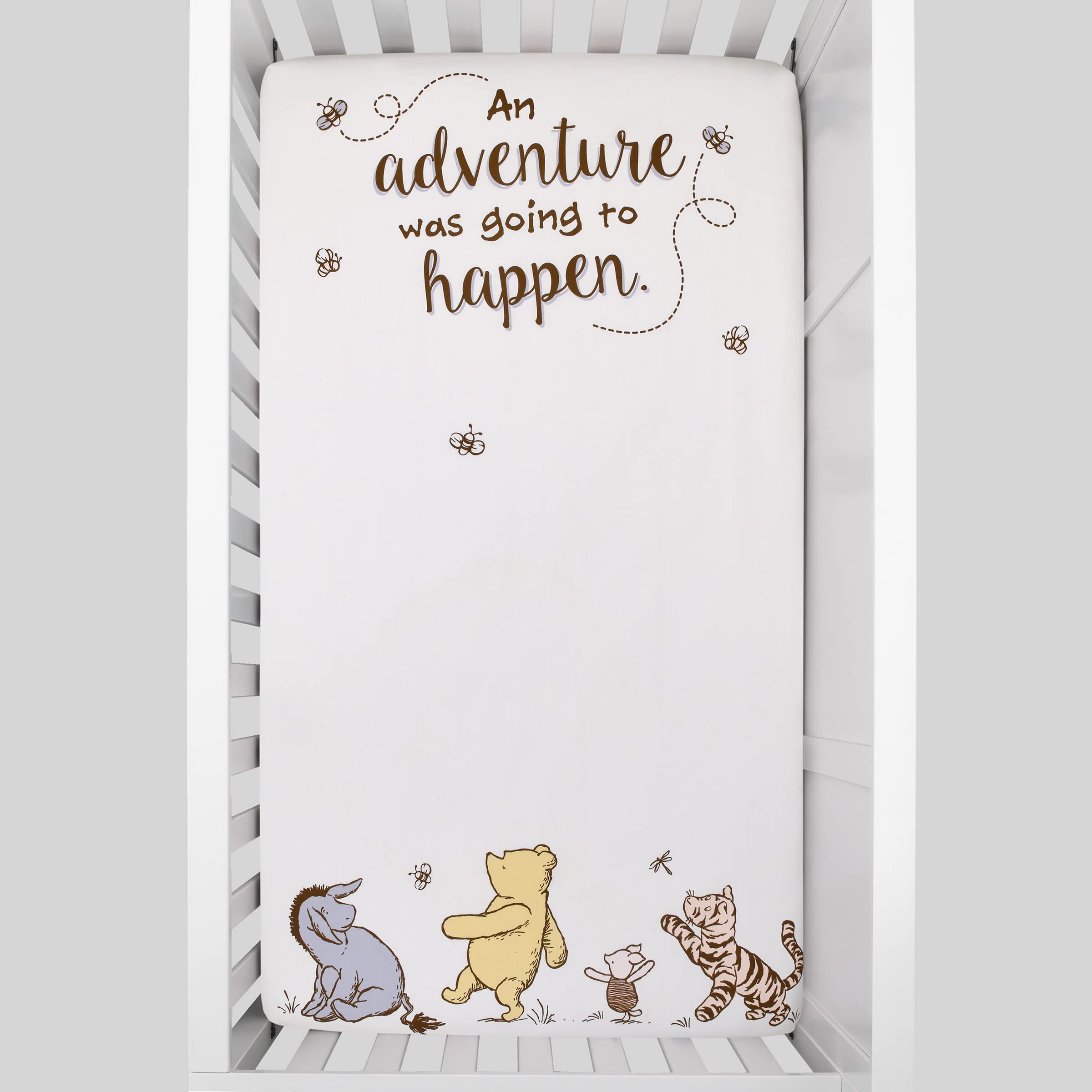 NoJo Pooh Hunny Fun characters print featuring Piglet, Eeyore, and Tigger for nursery whimsy and milestone photos.
