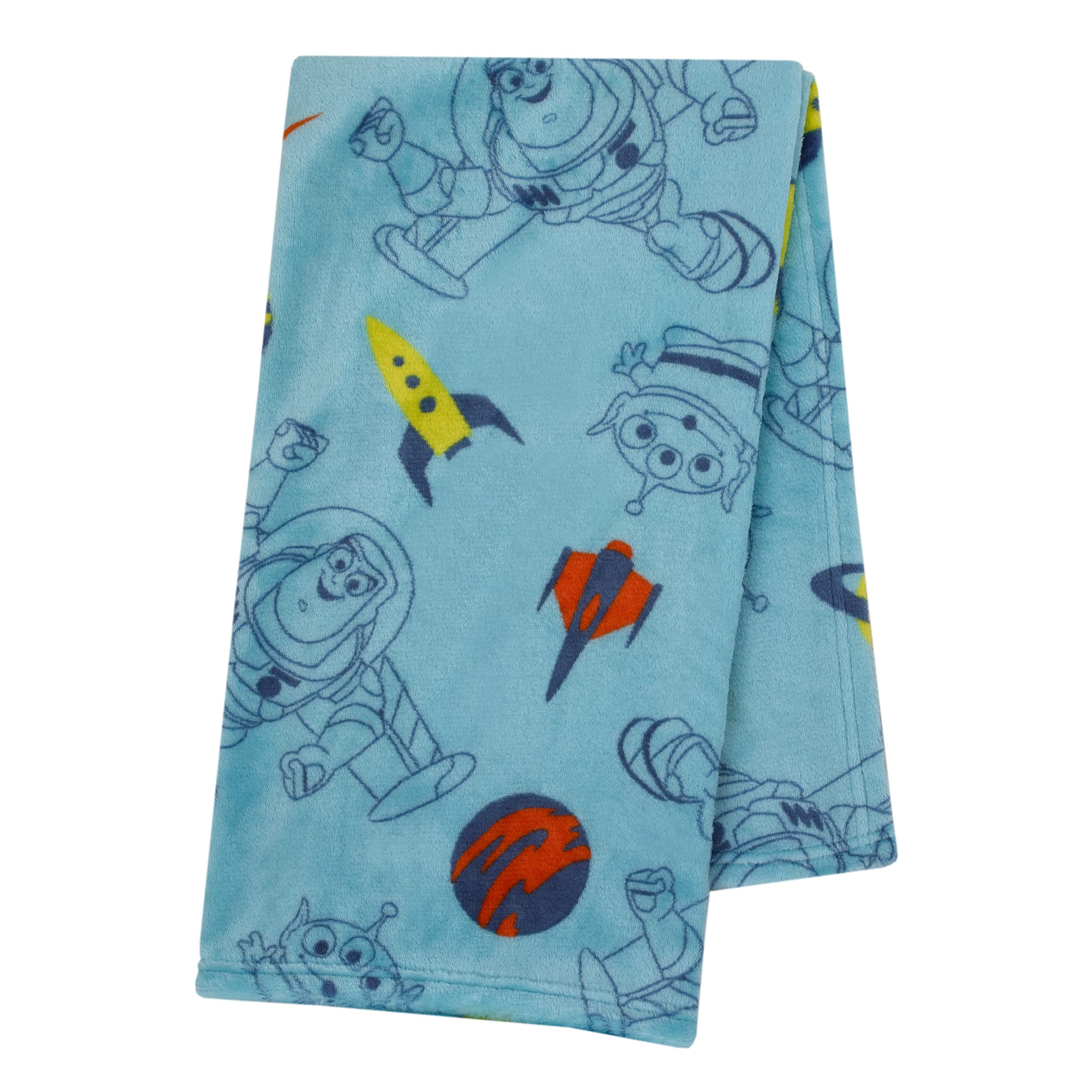 NoJo Toy Story Buzz Lightyear allover design closeup shows vibrant aqua lime orange tones.