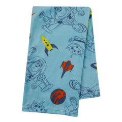 NoJo Toy Story Buzz Lightyear allover design closeup shows vibrant aqua lime orange tones.
