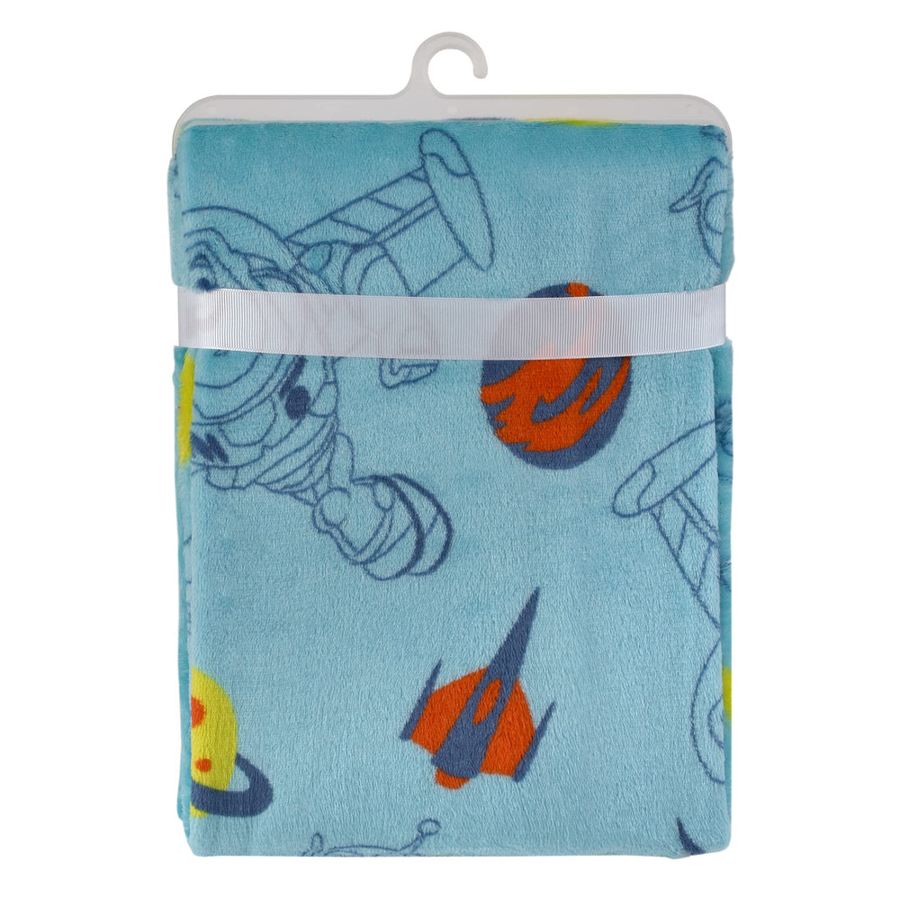 NoJo Toy Story Buzz Lightyear blanket folded demonstrates compact stash for stroller trips.