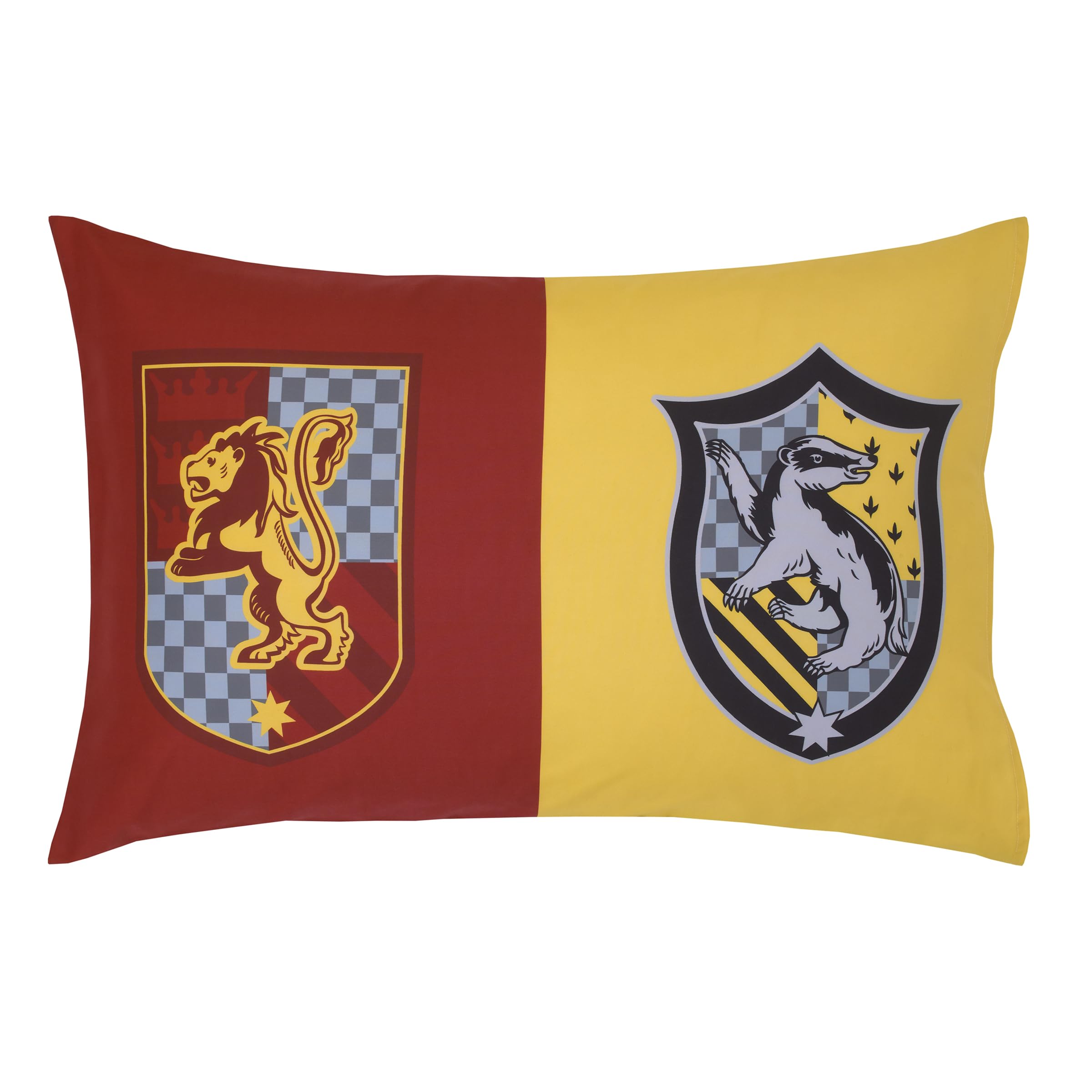 NoJo Hogwarts crest detail on bedding with Gryffindor, Hufflepuff, Ravenclaw, Slytherin